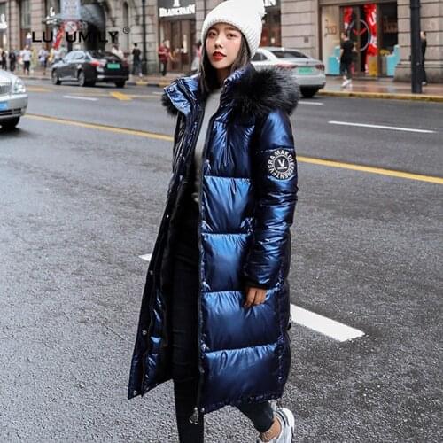 Lusumily 2021 New Women Winter Down Jacket Chic Big Fur Warm Ultra Light Long Coat Female Parka Hooded Glossy Jackets Oversized