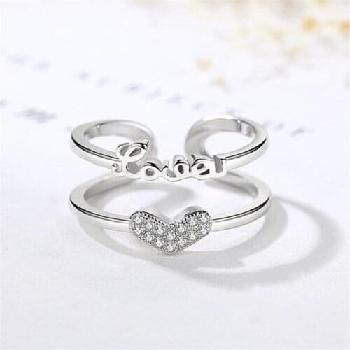 New Fashion Letter Love Rose Romantic 925 Sterling Silver Jewelry Heart Shaped Double Layer Crystal Opening Rings SR524