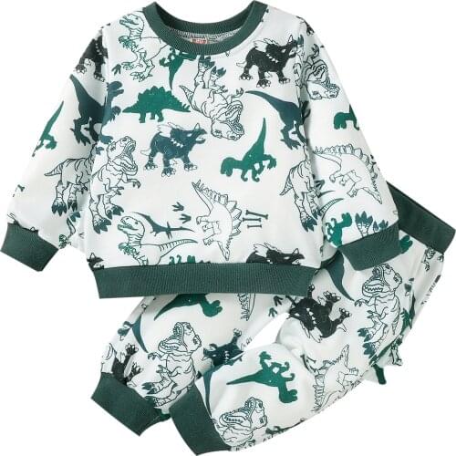 1-4Years Boys Casual Two-piece Clothes Set, Dark Green Dinosaur Printed Pattern Pullover and Pants