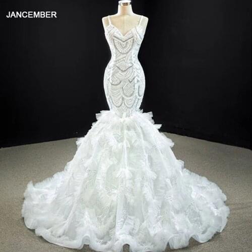 J67123 JANCEMBER Sexy Wedding Dress 2020 Spaghetti Straps Sleeveless Sweetheart Lace Up Shining Crystal Chapel Train