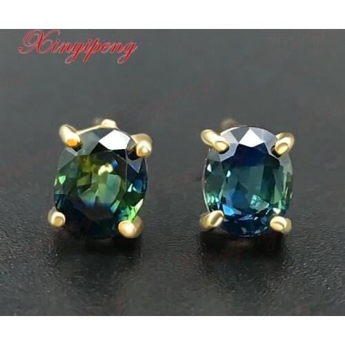18 k yellow gold with 100% natural sapphire studs earrings Blue green color of fire Fine jewelry contracted
