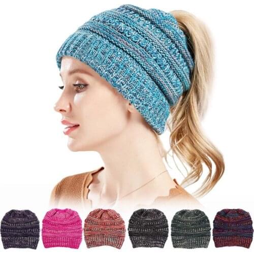 New Ponytail Beanie Women Winter Knitting Hats Ladies Stretch Knit Hat with Tag Messy Bun Ponytail Beanie Holey Warm Hats