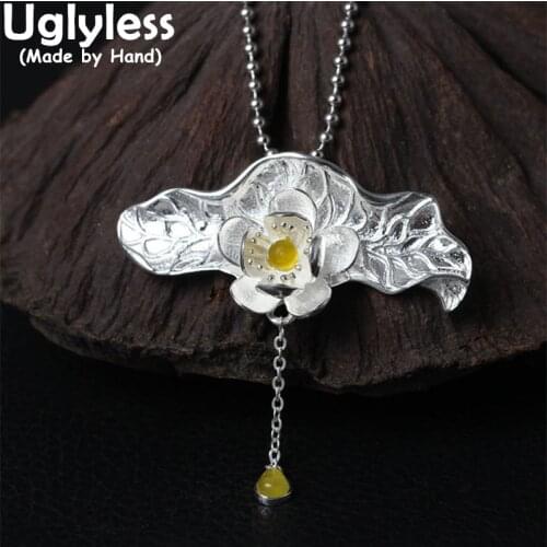 Uglyless Ethnic Handmade Silver Lotus Leaf Pendants for Women 925 Silver Lotus Flower Necklace Chalcedony Tassels Jewel NO Chain