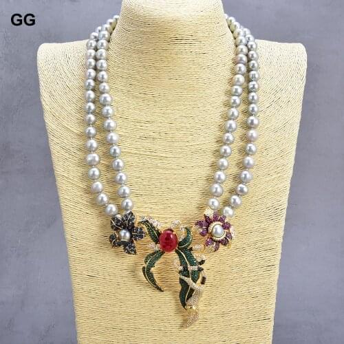 GuaiGuai Jewelry 21"-22" 2 Strands Grey Round Pearl Necklace Cz Pave Flower Gold Color Plated Pendant For Women