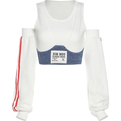 Women Long Sleeve Off Shoulder Crop Top Contrast Color Letters Ribbed T-Shirt A0NF