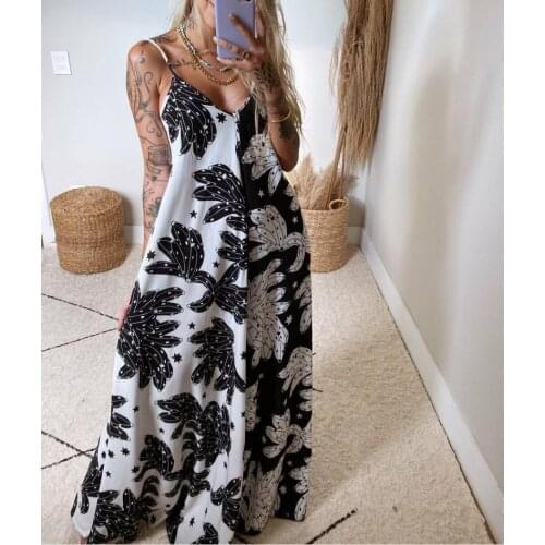 2021 New Style Women Summer Casual Loose Slip Dress Ladies Print Spaghetti Strap V-Neck Sleeveless Backless Long Dress