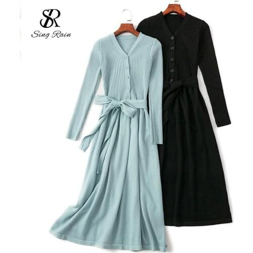 SINGRAIN Women Long Knitted Dress Warm Elegant Long Sleeves Solid Pullovers Dress Plus Size Elastic Winter Thick Sweater Dress