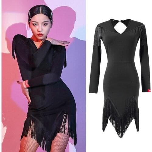Women Latin Dance Dress Female Adult New Long-Sleeved Fringe Dress Performance Clothes Latin Dance Competition Dresses SL4401
