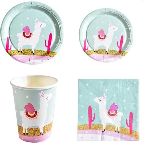 44pcs/set Cartoon Alpaca Theme Party Disposable Plates/Cups/Napkins Tableware Kids Baby Baptism Party Decoration Supplies