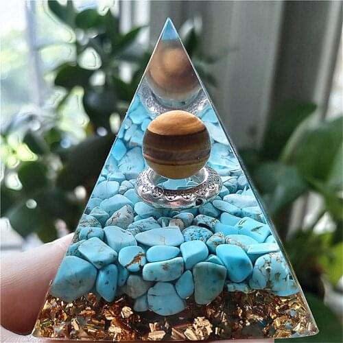 5.5-6cm New Blue Turquoise Chips Pyramid Natural Tiger Eye Stones Beads Sphere Totem Reiki Chakra Resin glue Pyramid