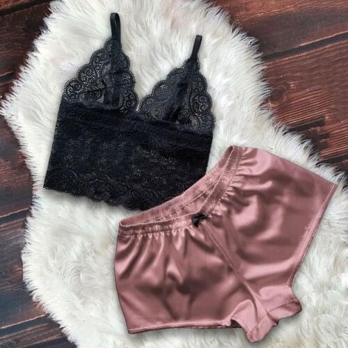 8 Colors Top Elasticity Womens Pajiama Set V-Neck Lace Satin Bowknot Shorts Pyjama Suits Femme Sleepwear Pajamas Set Lingerie