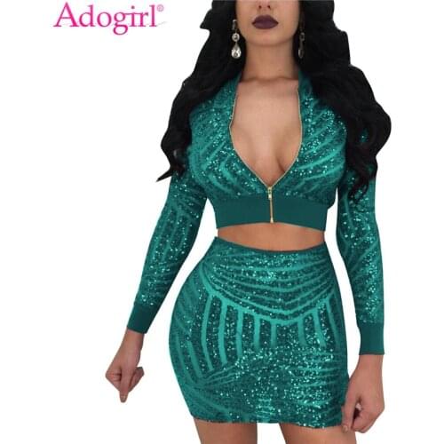 Adogirl Fashion Sequins Women Two Piece Dresses Set Zipper Up Sexy V Neck Long Sleeve Crop Top Bandage Mini Club Party Dress