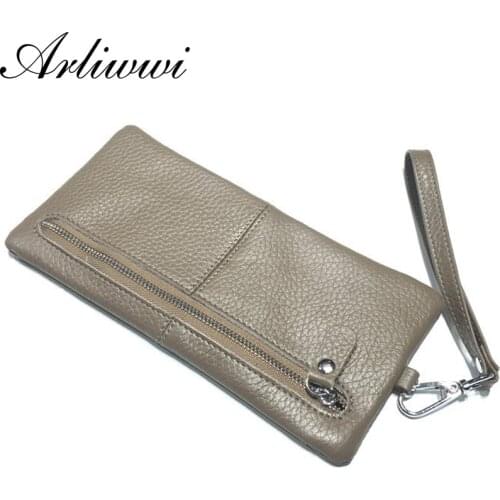 Arliwwi 100% Genuine Leather Women Solid Colors Cluthes Purses Real Cowhide Ladys Roomy Phone Bag With Card Holders GH04