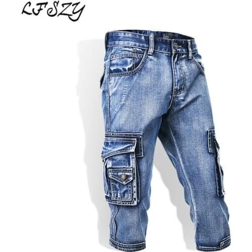 Biker jeans 2020 New Mens Retro Washed Old Mens Multi Pocket Yellow Cropped Denim Shorts Mens Stretch Denim Shorts