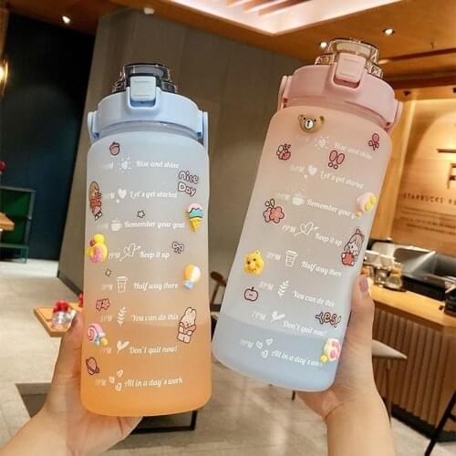 2000 ML Large Water Bottle With Time Marker Outdoor Travel Climbing Bicycle Straw Water Bottles BPA Free Gym Space Plastic Cups