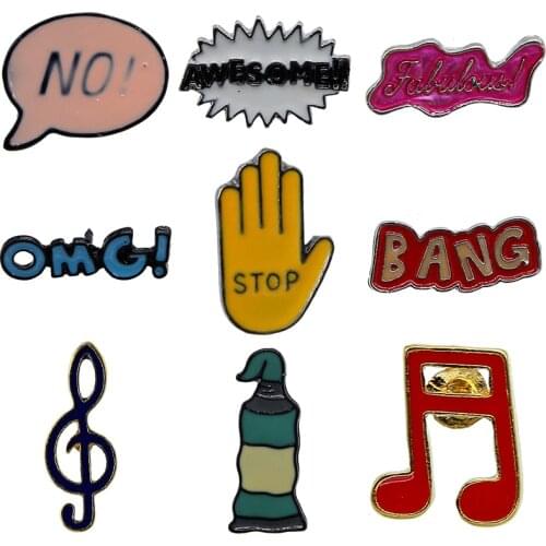 Wholesale Interest Symbol Brooches Women Jewelry Kids Broche Cute Music dialogue Awesome Enamel Hijab Pins Denim Lapel Pin Bag I