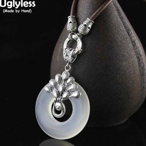 Uglyless Ethnic Thai Silver Princess Peacock Necklaces NO Chains Peace Buttons Chalcedony Pendants 926 Silver Phoenix Jewelry