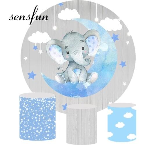 Round Elephant Boys Baby Shower Newborn Backdrop Blue Moon Stars Clouds Grey Wood Birthday Party Circle Photography Backgrounds