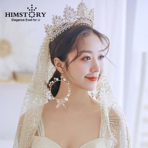 Himstory Queen Crown Tiara Fashion Zircon Retro Champagne Gold Crown Veil Earring Bridal Hair Jewelry Banquet Party Accessories