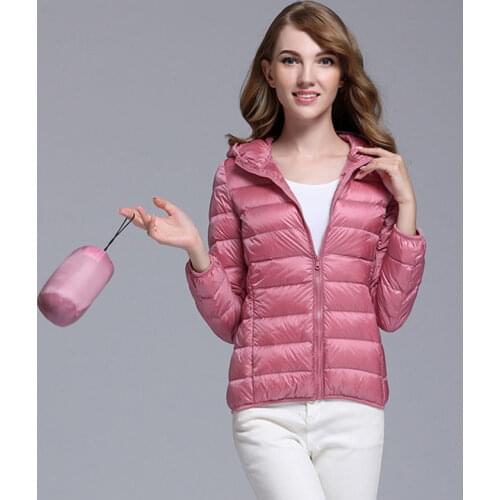 Solid Thin White Duck Down Jacket Short Stand Collar Hooded Fashionable Slim Autumn And Winter Large Size Veste Femme Basic Coat