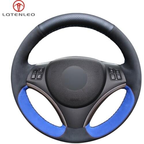 LQTENLEO DIY Car Steering Wheel Cover Black Leather Blue Suede For BMW M Sport 1 Series E87 E81 E82 E88 120i 130i 120d X1 E84