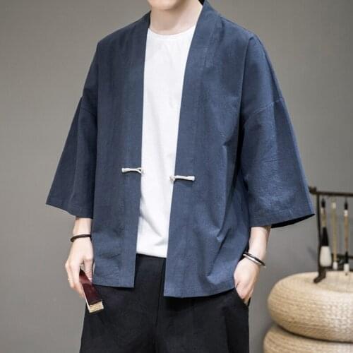 Men Cotton Linen Jacket China Style Kongfu Coat Male Loose Kimono Cardigan Overcoat Open Stitch Coat Male Windbreaker