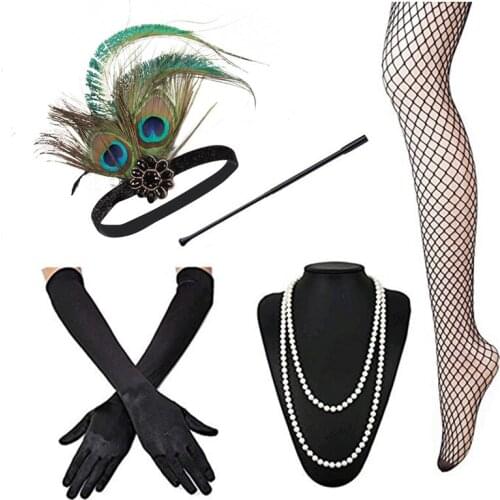 1920s Flapper Accessories Set Gatsby Costume Accessories 20s Flapper Headband Pearl Necklace Gloves Cigarette Holder