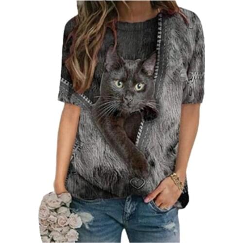 2021 New Womens Pullover 3d Cartoon Cat Print T Shirt O-Neck Short Sleeve Loose T Shirts Spring Casual Plus Size Tops