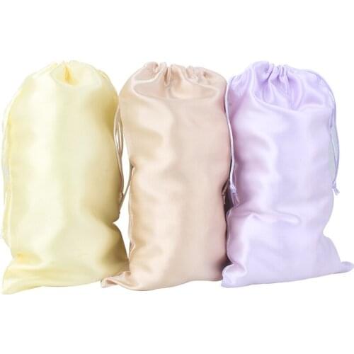 Luxury wholesale rose gold, light purple, yellow, green gift packaging packing silk satin shopping bag with string