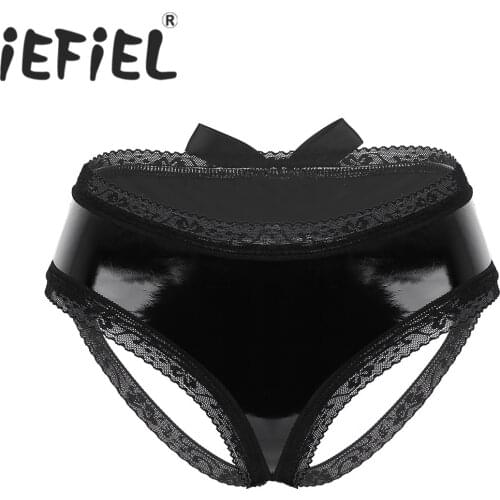 Sexy Women Lingerie Wetlook Faux Leather Open Back Floral Lace Bowknot Low Rise Bikini Briefs G-string Underwear Underpants