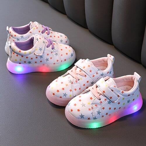 #VW Star Print Leather Luminous Shoes Children Kids Baby Girls Sneakers Bling Led Light Luminous Sport Shoes Soft Sole Sneakers