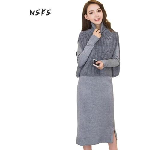 Wsfs 2piece Set Winter Women Dress Knitted Sweater Grey Black Long Sleeve Turtleneck Office Vintage Midi Dresses Vintage Bandage