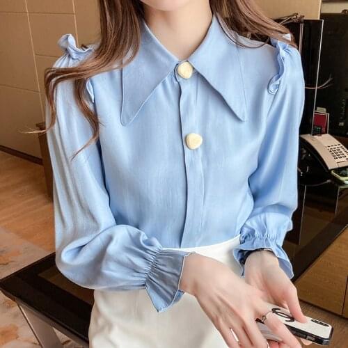 Elegant Women Shirt Casual Autumn Flare Sleeve Chiffon Blouse Office Lady Ruffles Polo-Neck Slim Tops Blusas Mujer De Moda 2021