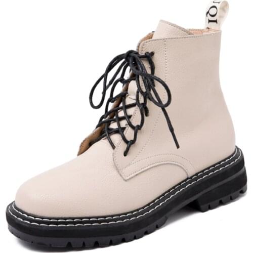 Women Boots Ankle 2021 Autumn Winter Fur Platform Shoes British Wind Genuine Leather Beige Booties Ladies Short Motorcycle Boots