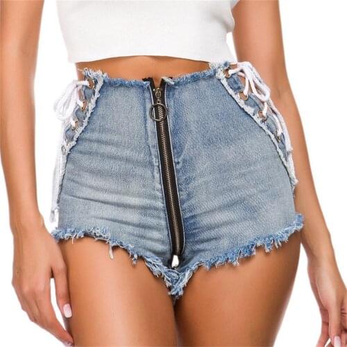 Womens Sexy Zipper Bandage Cut Off High Waist Denim Jeans Shorts Street Style Washed Ripped Jeans Designer Wear