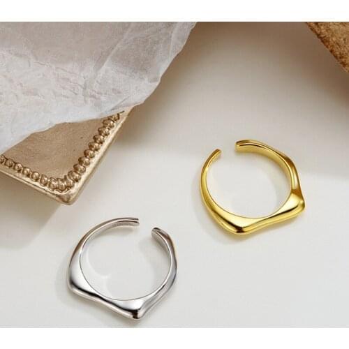 Irregular simple S925 sterling silver geometric ring for women ins personality all-match glossy open ring