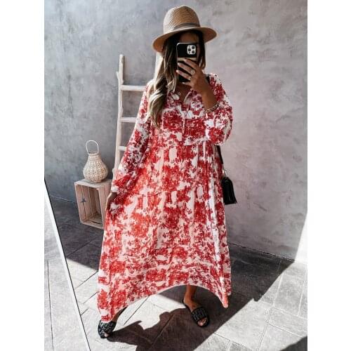 2021 Summer New Flower Print Loose Dress Fashion Lace-Up Drawstring V Neck Long Dress Women Elegant Long Sleeve Party Dress XXL