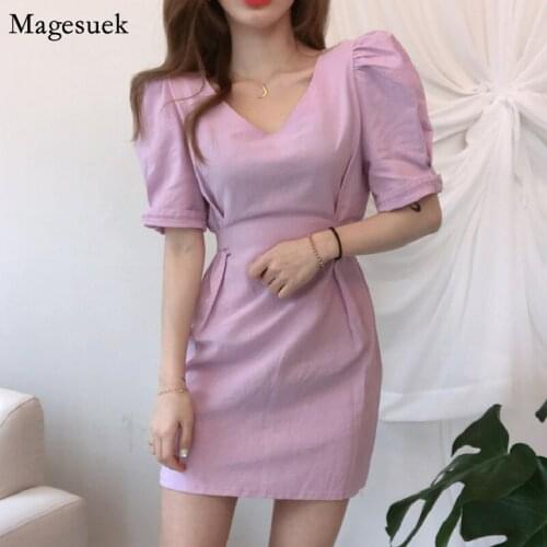 Chic Vintage Summer Dress Women 2021 Solid Cotton V-neck Short Dresses for Women High Waist Slim Party Dress Lady Vestido 14285