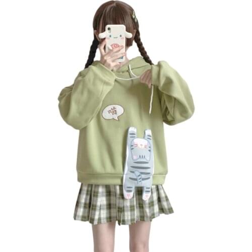 Winter Harajuku Kawaii Women Green Hoodies Teen Gilrs Cute Car Ear Long Sleeve Fleece Sweatshirt Female Funny Warm Soft Pullover