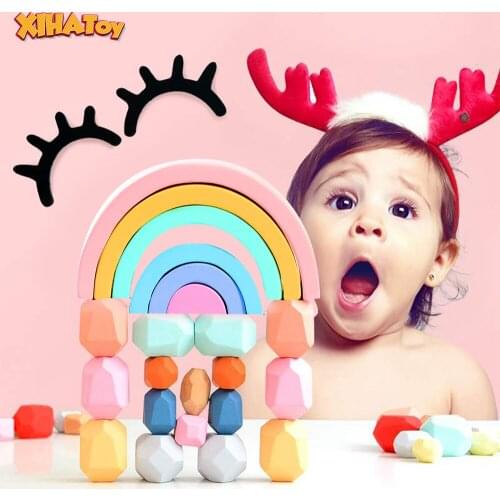 XIHATOY Balance Block Wooden Colored Stone Building Educational Toy Creative Stacking Balance Block Rainbow Kids Christmas Gift