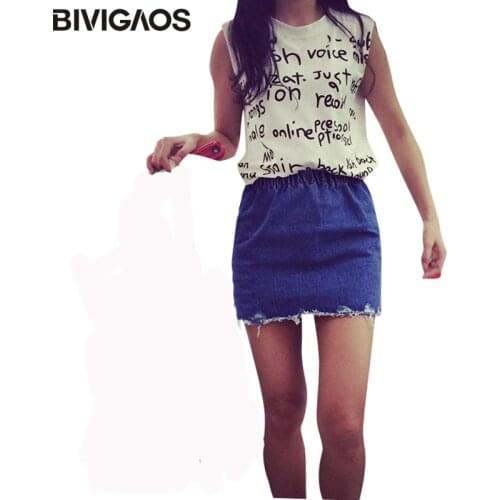 BIVIGAOS Spring Summer Fashion Women Skirts Ripped Vintage Elastic Waist Denim Skirt Jeans High Waist Mini Short Skirts Womens