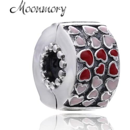 Moonmory Valentines Day Gift 925 Sterling Silver Burst of Love Red & Pink Heart Enamel Clip Beads Fit Women Charms Bracelets