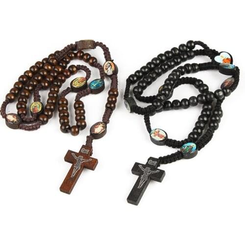 Christian Catholic Necklace JERUSALEM Wooden Cross Virgin Holy Christ Pendant Necklace For Women Rosary Prayer Beads Necklace