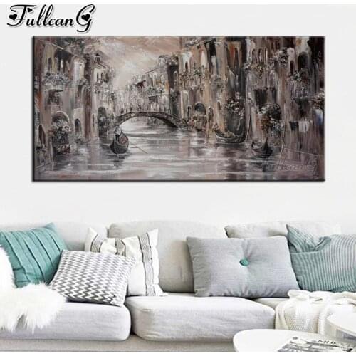 FULLCANG Ancient water city scenery diy diamond painting cross stitch full square round drill rhinestone embroidery kits FG0045