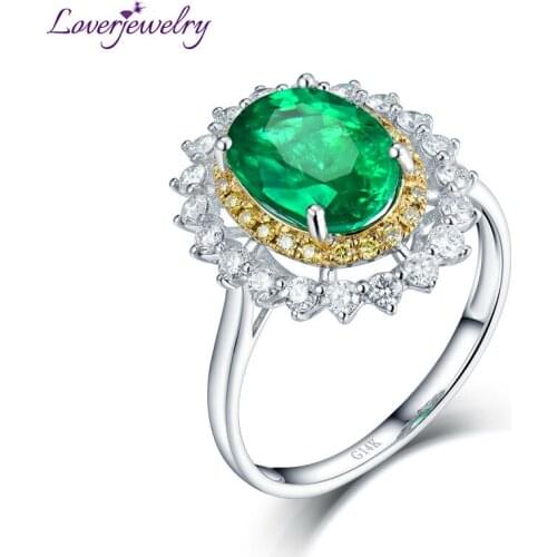 LOVERJEWELRY Real Diamonds Wedding Ring Jewelry Solid 14Kt White Gold Genuine Oval Emerald Promised Engagement Rings For Women