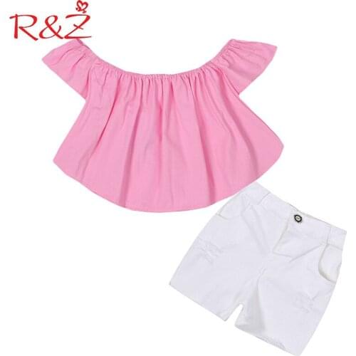 R&Z Baby Girls Clothes Set 2017 Ins New Explosion Fashion Cotton Word Shoulder T-shirt + Denim Shorts 2pcs Kids Clothing Suit k1