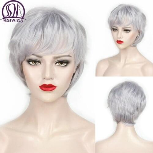 MSIWIGS White Straight Short Wigs with Bangs High Temperature Fiber Bob Synthetic Grey Brown for Elder Women