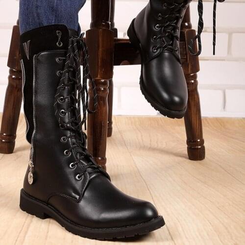 Men Black Leather Military Boots Men Shoes Retro Combat Boots Belt Buckle Punk Martin Motorcycle Boots