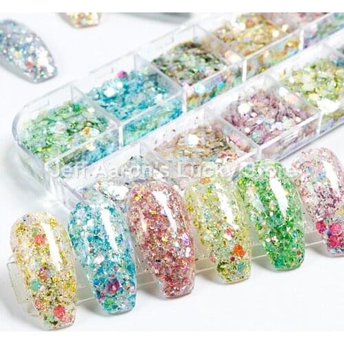 New Arrival Mixed Hexagon 12 Color Nail Dust Sets Holo Glitter Mermaid Sequins Flakes Manicure Decoration Nail Art Tips CT35