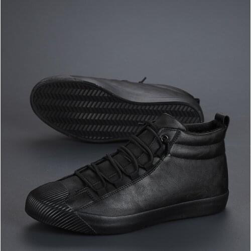Autumn Winter Mens Casual Shoes Leather Mens Lace Up Casual Shoes Men Black Fashion Warm Sneakers